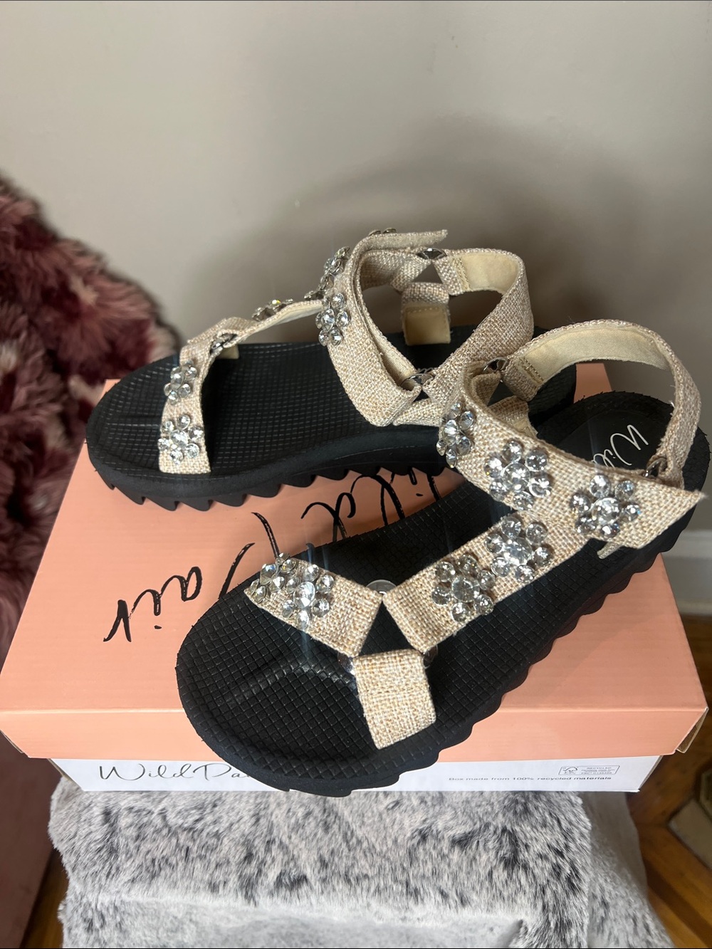 Wild Pair Beige Crystal Platform Sport Sandals - Picture 2 of 4